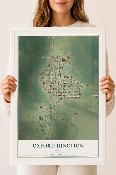 Map of Oxford Junction, Iowa, 18 x 24 inch print in a white wood frame