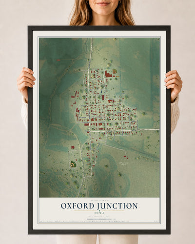 Map of Oxford Junction, Iowa, 24 x 36 inch print in a black wood frame