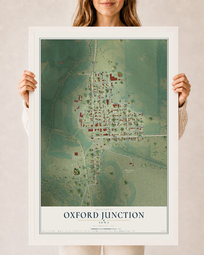 Map of Oxford Junction, Iowa, 24 x 36 inch print in a white wood frame