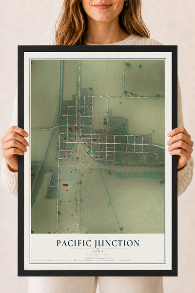 Map of Pacific Junction, Iowa, 18 x 24 inch print in a black wood frame