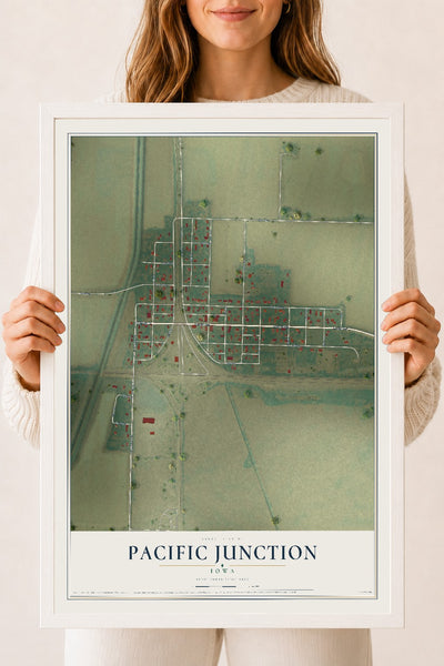 Map of Pacific Junction, Iowa, 18 x 24 inch print in a white wood frame