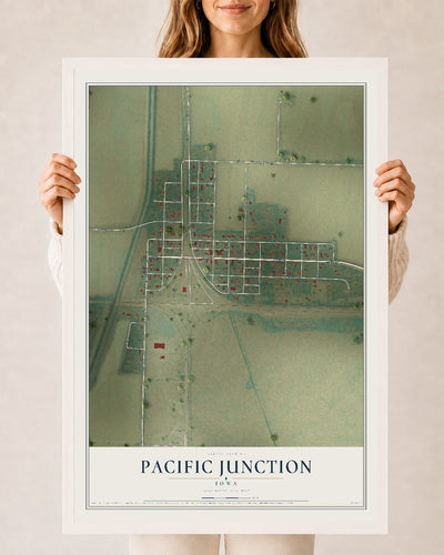 Map of Pacific Junction, Iowa, 24 x 36 inch print in a white wood frame