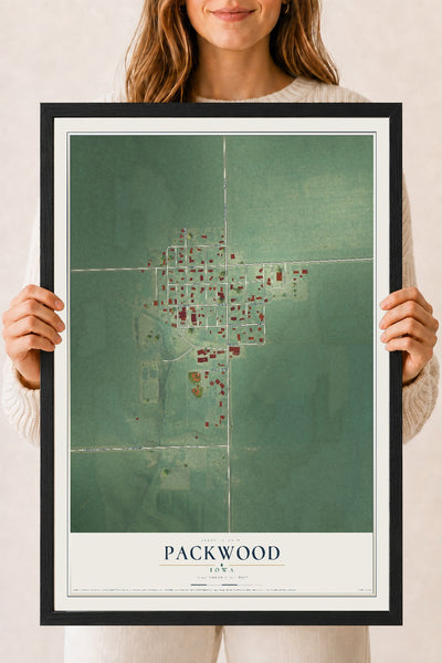 Map of Packwood, Iowa, 18 x 24 inch print in a black wood frame