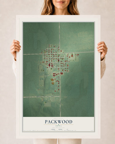 Map of Packwood, Iowa, 24 x 36 inch print in a white wood frame