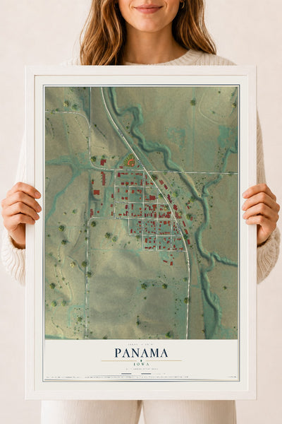 Map of Panama, Iowa, 18 x 24 inch print in a white wood frame