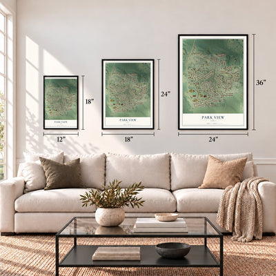 Park View, Iowa map in 12 x 18, 18 x 24 and 24 x 36 inch sizes above a sofa