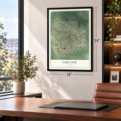 Park View, Iowa map, 18 x 24 inch print in a black frame in a home office