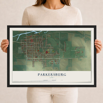 Map of Parkersburg, Iowa, 12 x 18 inch print in a black wood frame