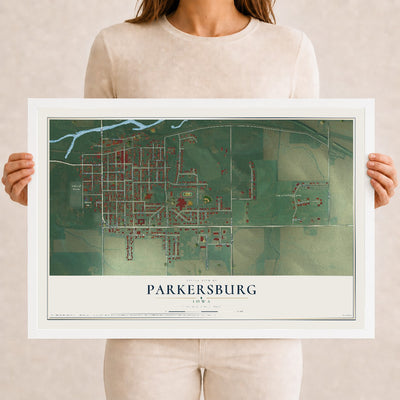 Map of Parkersburg, Iowa, 12 x 18 inch print in a white wood frame