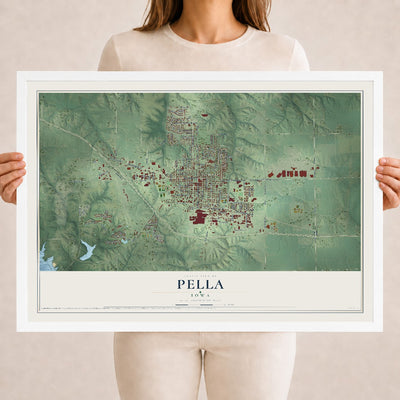 Map of Pella, Iowa, 18 x 24 inch print in a white wood frame