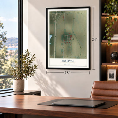 Percival, Iowa map, 18 x 24 inch print in a black frame in a home office