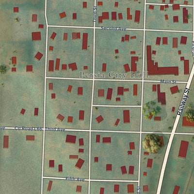 Close-up of the map of Persia, Iowa print showing street and building detail