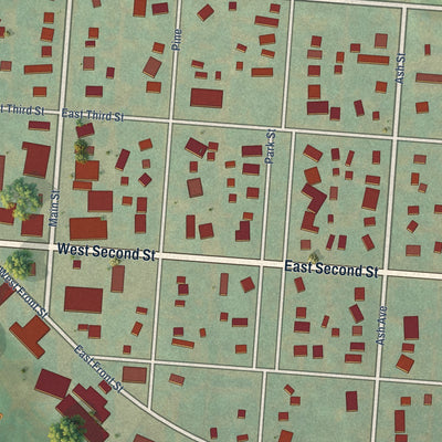 Close-up of the map of Peterson, Iowa print showing street and building detail