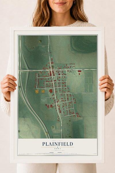 Map of Plainfield, Iowa, 18 x 24 inch print in a white wood frame