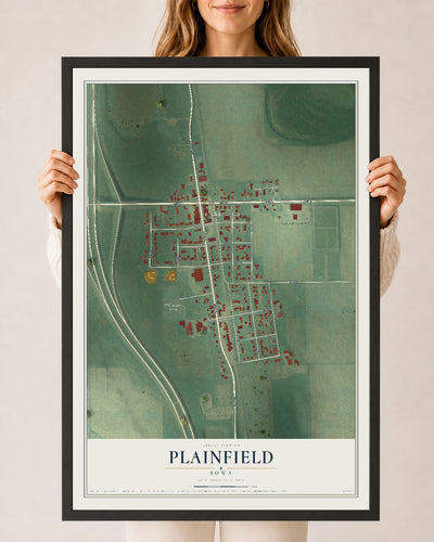 Map of Plainfield, Iowa, 24 x 36 inch print in a black wood frame