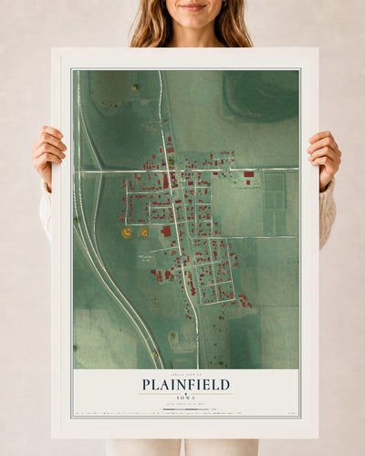 Map of Plainfield, Iowa, 24 x 36 inch print in a white wood frame