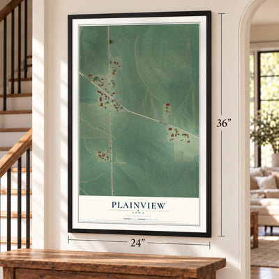 Plainview, Iowa map, 24 x 36 inch print in a black frame by a staircase