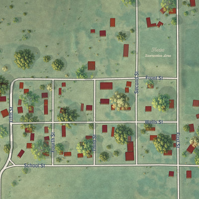 Close-up of the map of Plano, Iowa print showing street and building detail