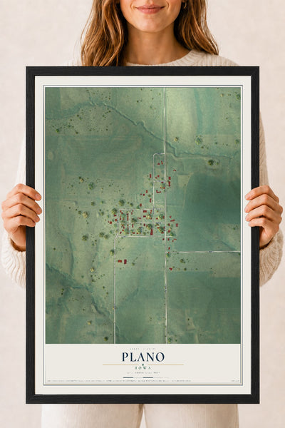 Map of Plano, Iowa, 18 x 24 inch print in a black wood frame