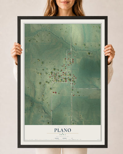Map of Plano, Iowa, 24 x 36 inch print in a black wood frame