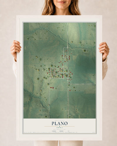 Map of Plano, Iowa, 24 x 36 inch print in a white wood frame