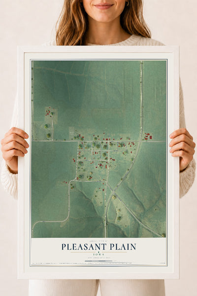 Map of Pleasant Plain, Iowa, 18 x 24 inch print in a white wood frame