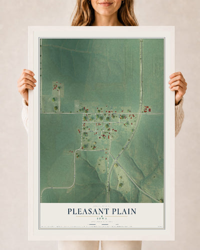 Map of Pleasant Plain, Iowa, 24 x 36 inch print in a white wood frame
