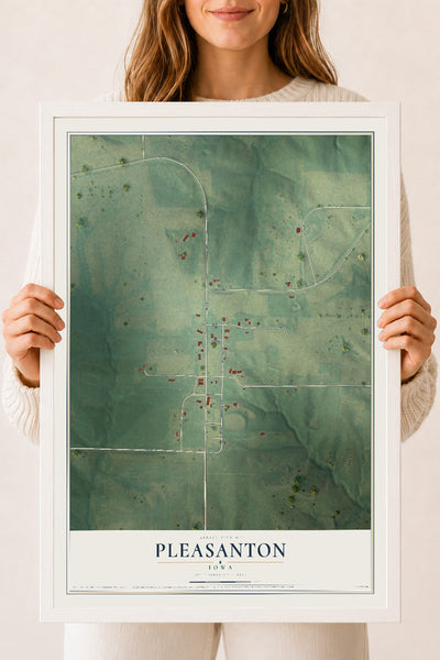 Map of Pleasanton, Iowa, 18 x 24 inch print in a white wood frame