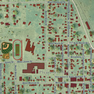 Close-up of the map of Pleasantville, Iowa print showing street and building detail