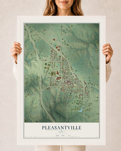 Map of Pleasantville, Iowa, 24 x 36 inch print in a white wood frame