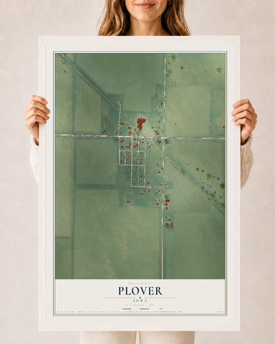 Map of Plover, Iowa, 24 x 36 inch print in a white wood frame