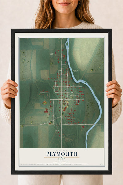 Map of Plymouth, Iowa, 18 x 24 inch print in a black wood frame