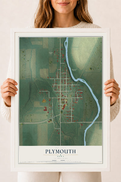 Map of Plymouth, Iowa, 18 x 24 inch print in a white wood frame