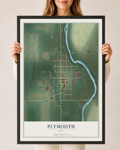 Map of Plymouth, Iowa, 24 x 36 inch print in a black wood frame