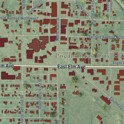 Close-up of the map of Pocahontas, Iowa print showing street and building detail
