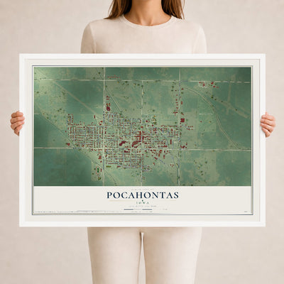 Map of Pocahontas, Iowa, 24 x 36 inch print in a white wood frame