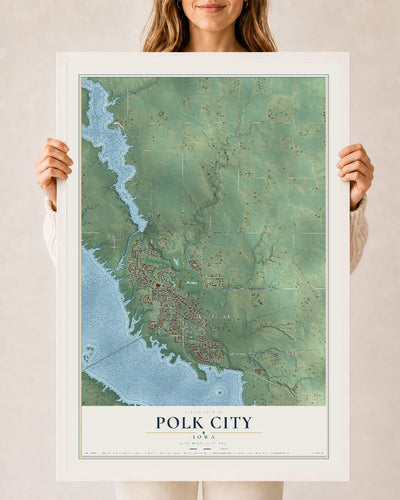 Map of Polk City, Iowa, 24 x 36 inch print in a white wood frame