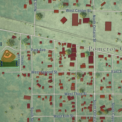 Close-up of the map of Pomeroy, Iowa print showing street and building detail