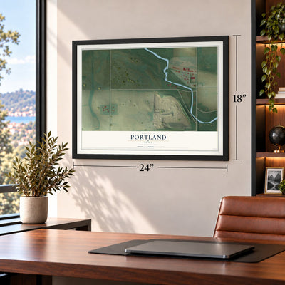 Portland, Iowa map, 18 x 24 inch print in a black frame in a home office