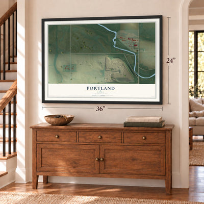 Portland, Iowa map, 24 x 36 inch print in a black frame above a dresser by a staircase