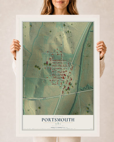 Map of Portsmouth, Iowa, 24 x 36 inch print in a white wood frame