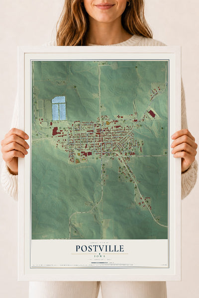 Map of Postville, Iowa, 18 x 24 inch print in a white wood frame