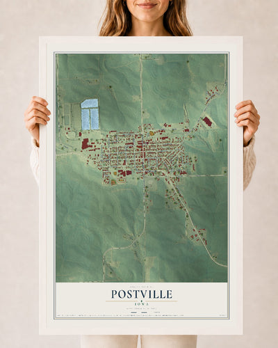Map of Postville, Iowa, 24 x 36 inch print in a white wood frame