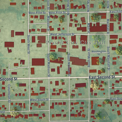 Close-up of the map of Prairie City, Iowa print showing street and building detail