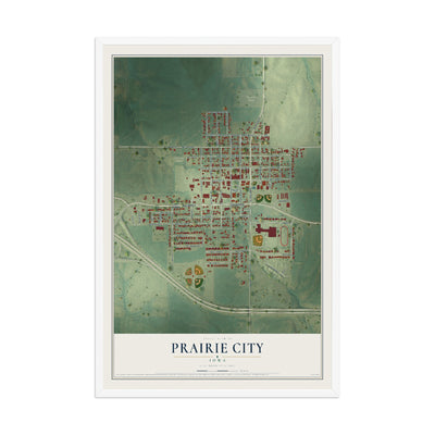 Map of Prairie City, Iowa, 12 x 18 inch print in a white wood frame