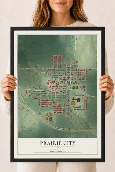Map of Prairie City, Iowa, 18 x 24 inch print in a black wood frame