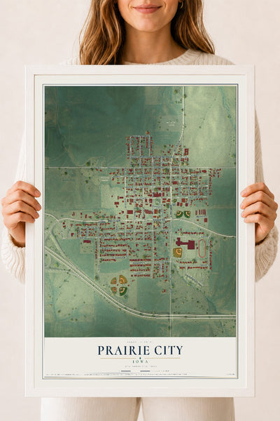 Map of Prairie City, Iowa, 18 x 24 inch print in a white wood frame