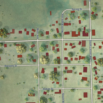 Close-up of the map of Prairieburg, Iowa print showing street and building detail