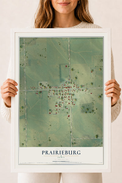 Map of Prairieburg, Iowa, 18 x 24 inch print in a white wood frame