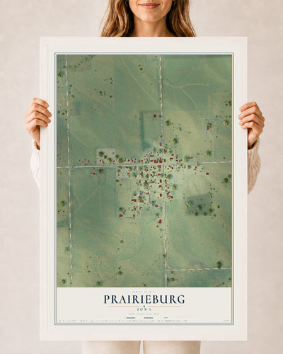 Map of Prairieburg, Iowa, 24 x 36 inch print in a white wood frame